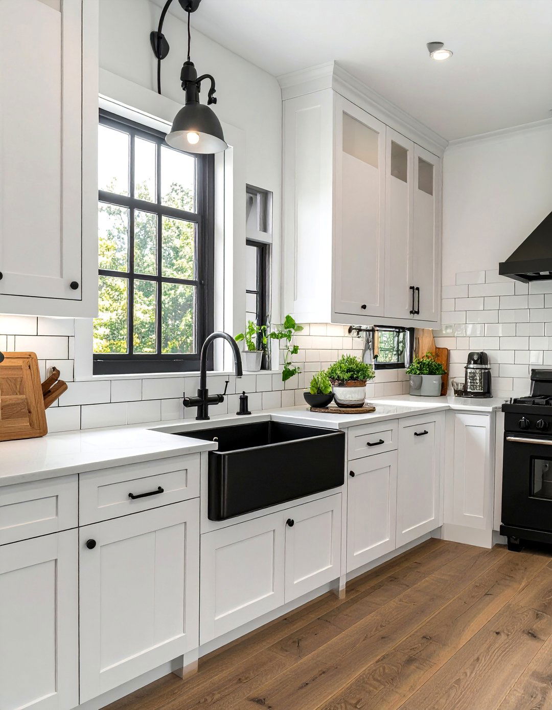 White Farmhouse Kitchen with a Black Apron Sink - 25 White Kitchen with Black Appliances Ideas
