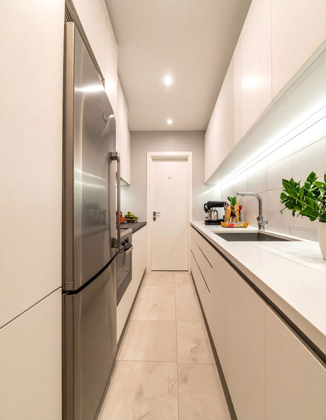 White Galley Kitchen with Stainless Steel Appliances