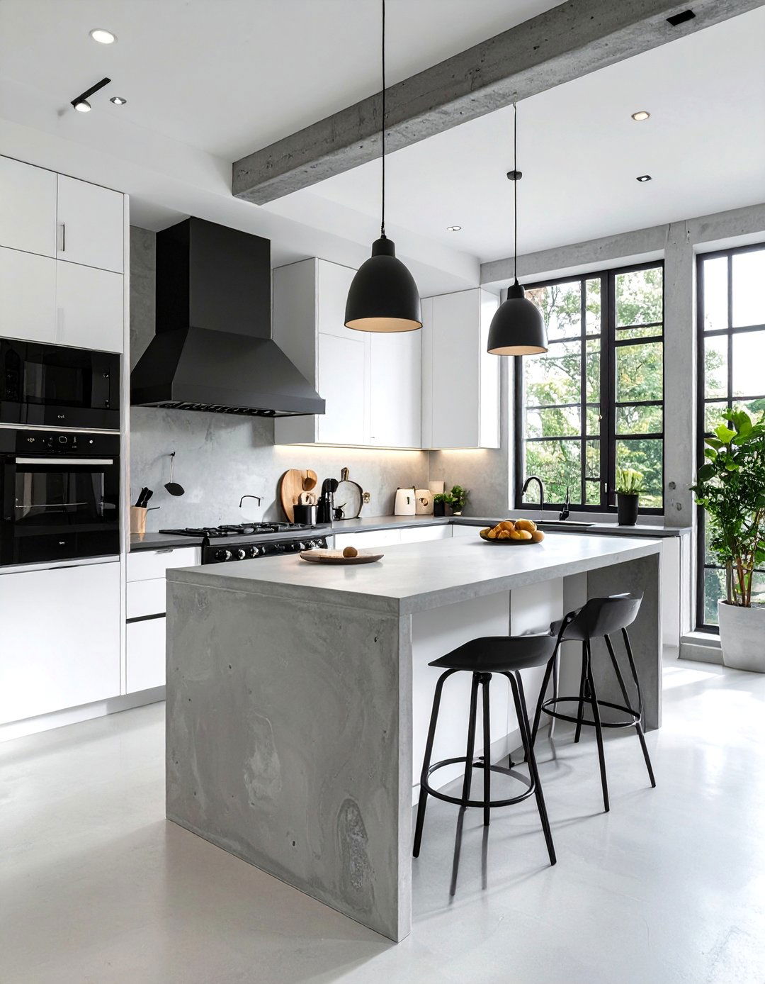 White Kitchen with Black Appliances and Concrete Countertops - 25 White Kitchen with Black Appliances Ideas