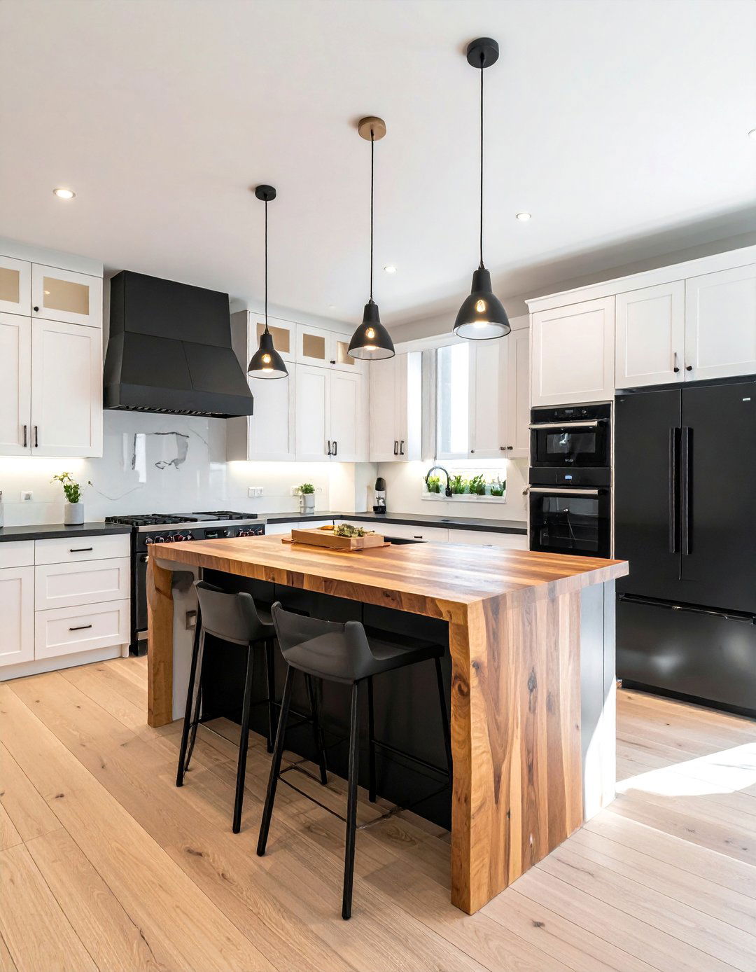 White Kitchen with Black Appliances and a Butcher Block Island - 25 White Kitchen with Black Appliances Ideas