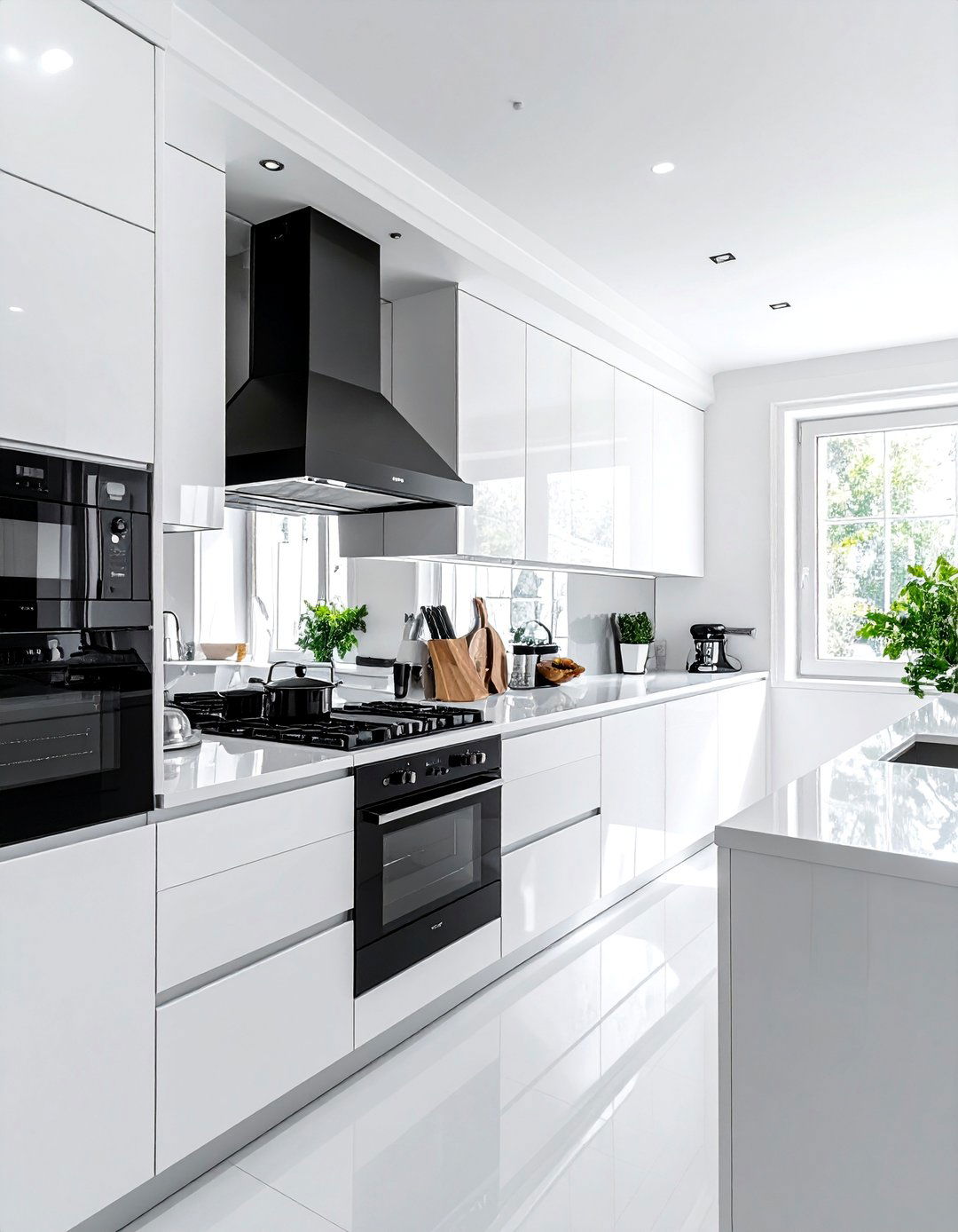 White Kitchen with Black Appliances and a Mirrored Backsplash - 25 White Kitchen with Black Appliances Ideas