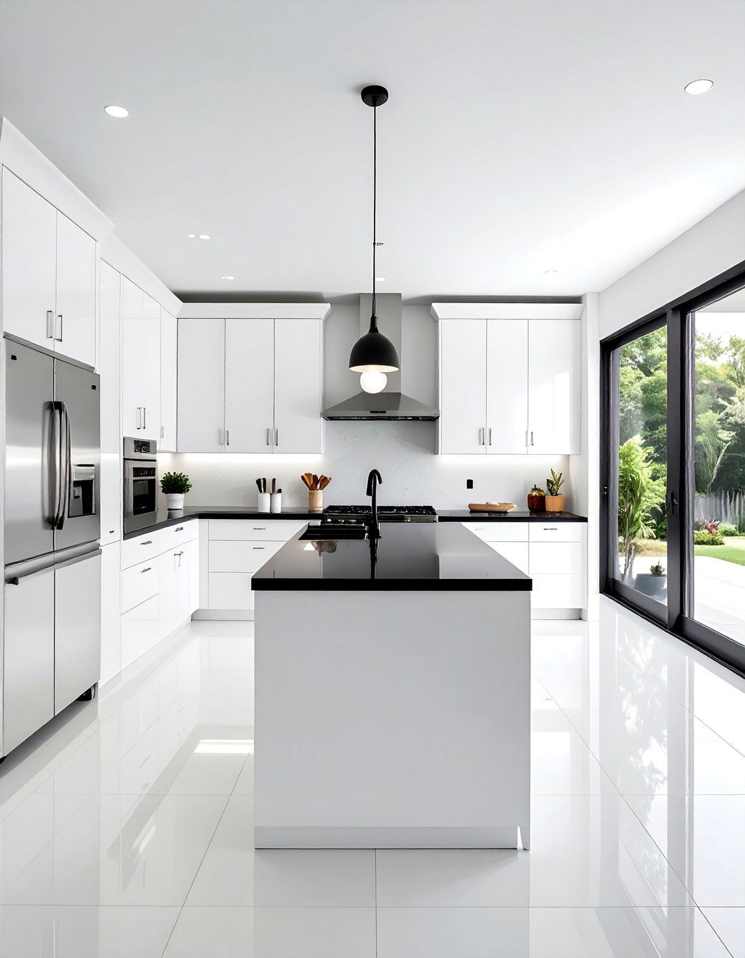 White Kitchen with Black Countertops and Stainless Steel Appliances - 25 White Kitchen with Stainless Steel Appliances Ideas