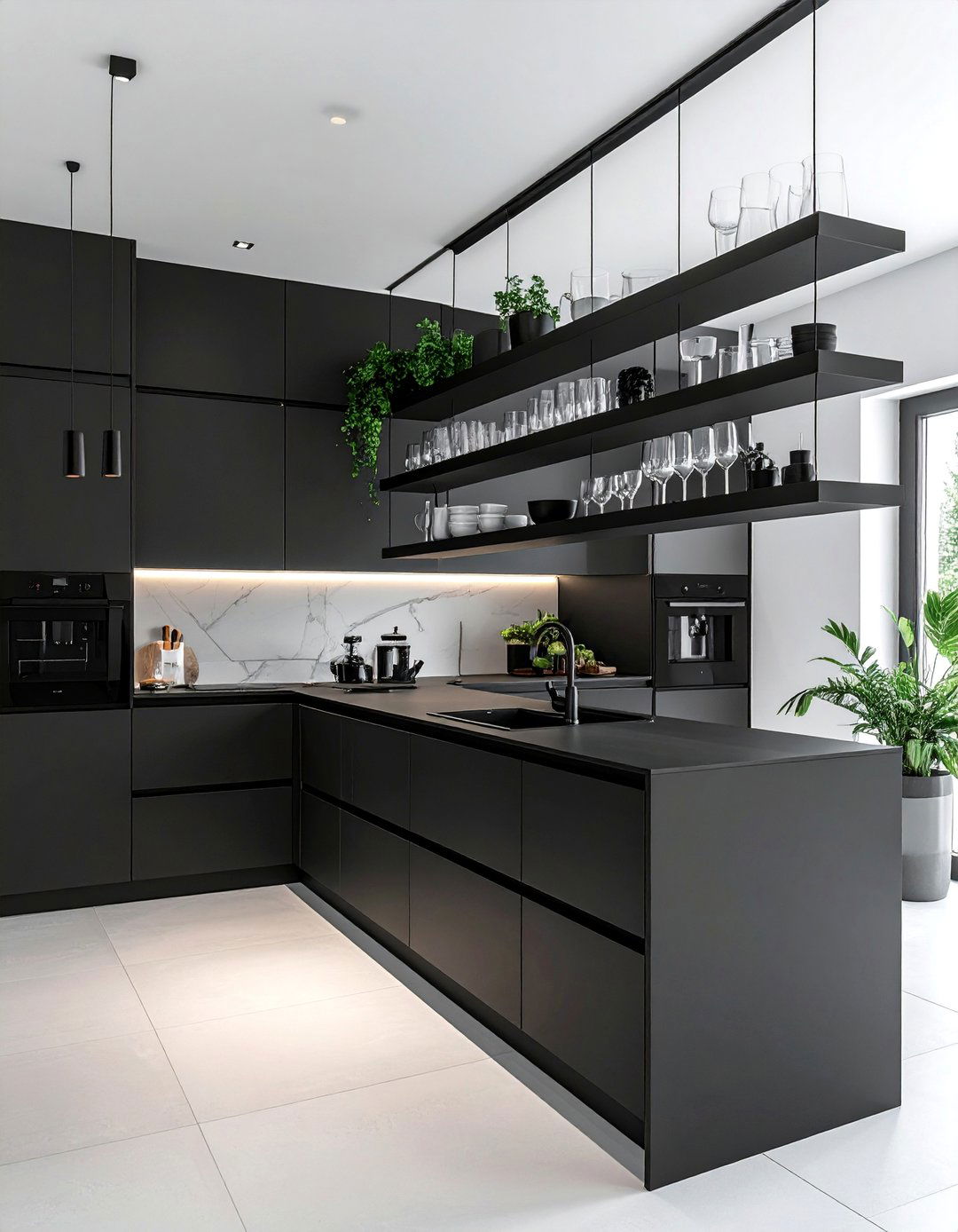 White Kitchen with Black Floating Shelves - 25 White Kitchen with Black Appliances Ideas