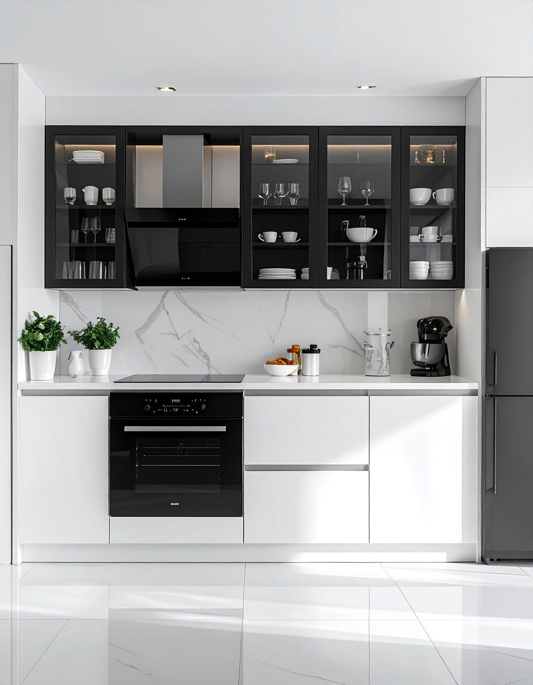 White Kitchen with Black Interior Cabinet Frames - 25 White Kitchen with Black Appliances Ideas