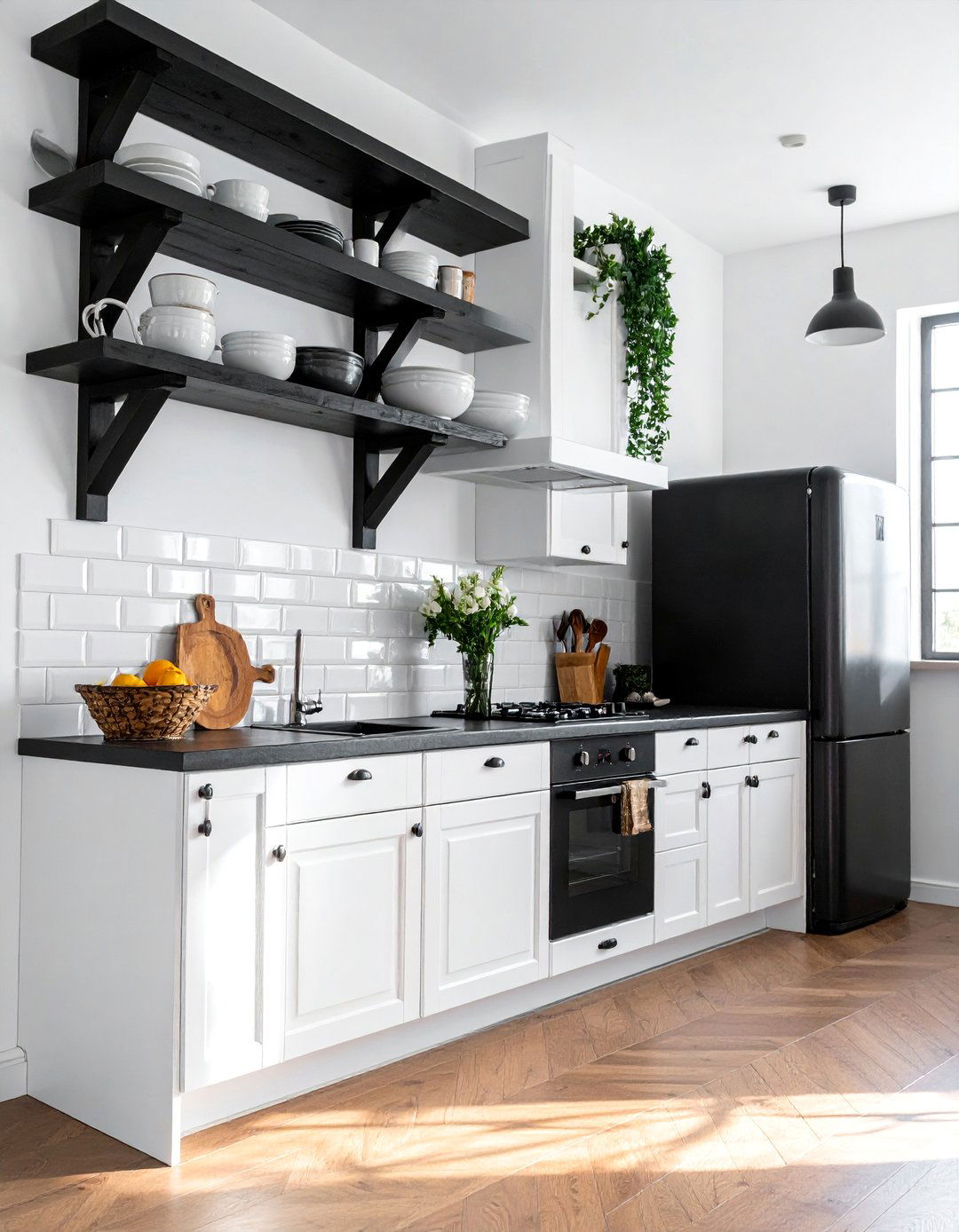 White Kitchen with Black Open Shelving - 25 White Kitchen with Black Appliances Ideas
