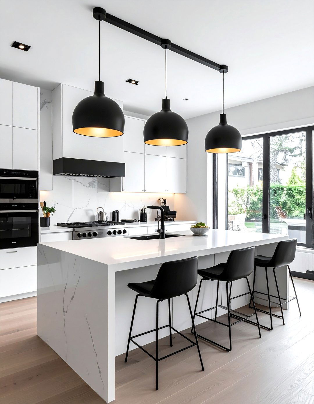 White Kitchen with Black Pendant Lighting - 25 White Kitchen with Black Appliances Ideas