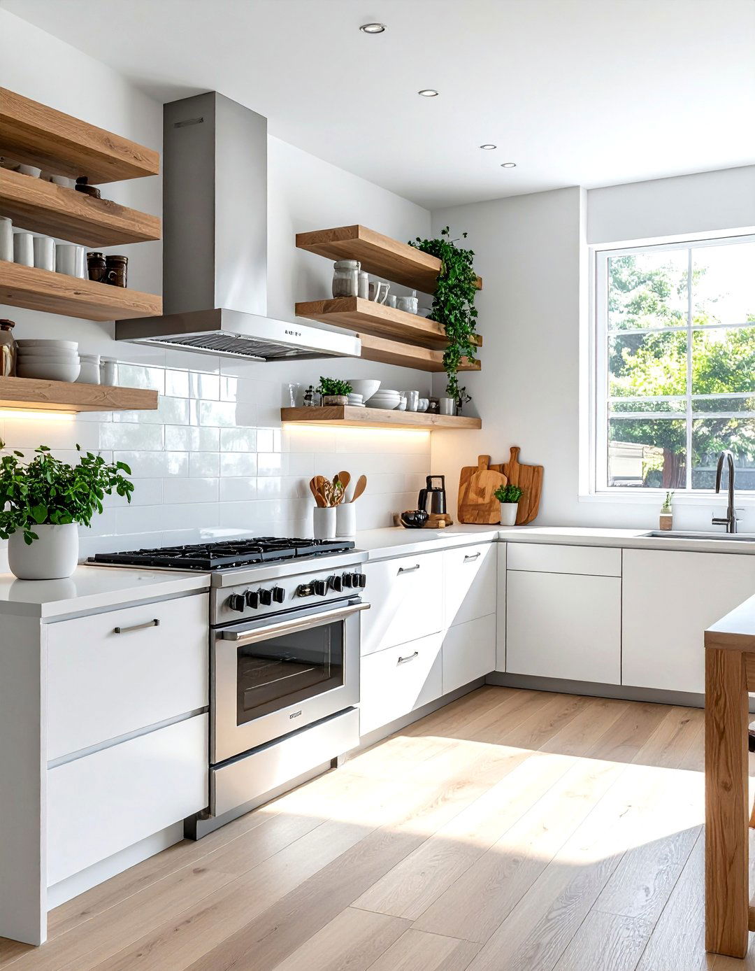 White Kitchen with Floating Shelves and Stainless Steel Appliances - 25 White Kitchen with Stainless Steel Appliances Ideas