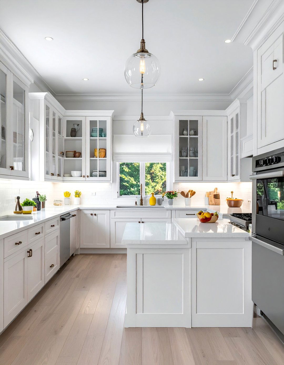 White Kitchen with Glass Front Cabinets and Stainless Steel Appliances - 25 White Kitchen with Stainless Steel Appliances Ideas
