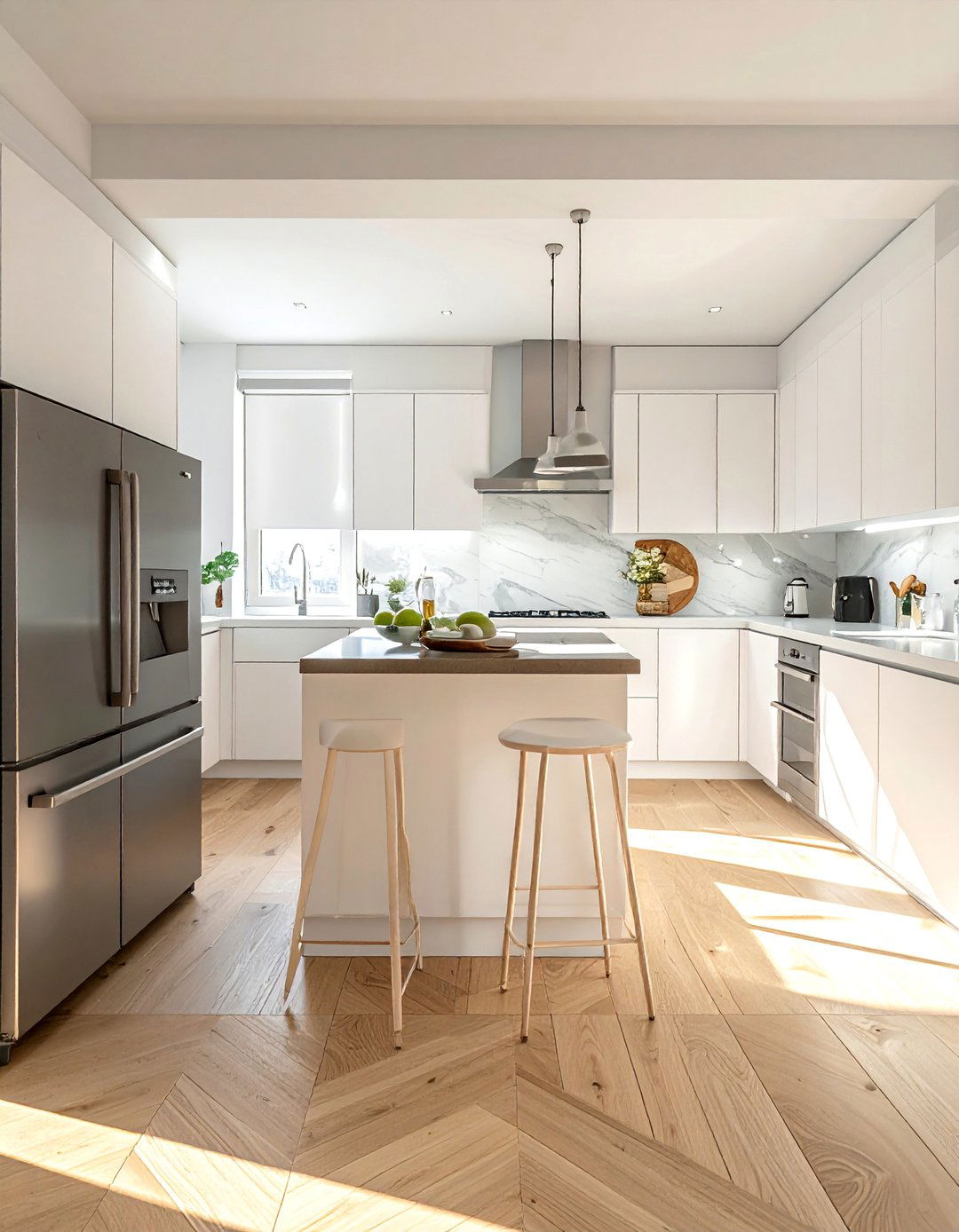 White Kitchen with Light Wood Floors and Stainless Steel Appliances - 25 White Kitchen with Stainless Steel Appliances Ideas