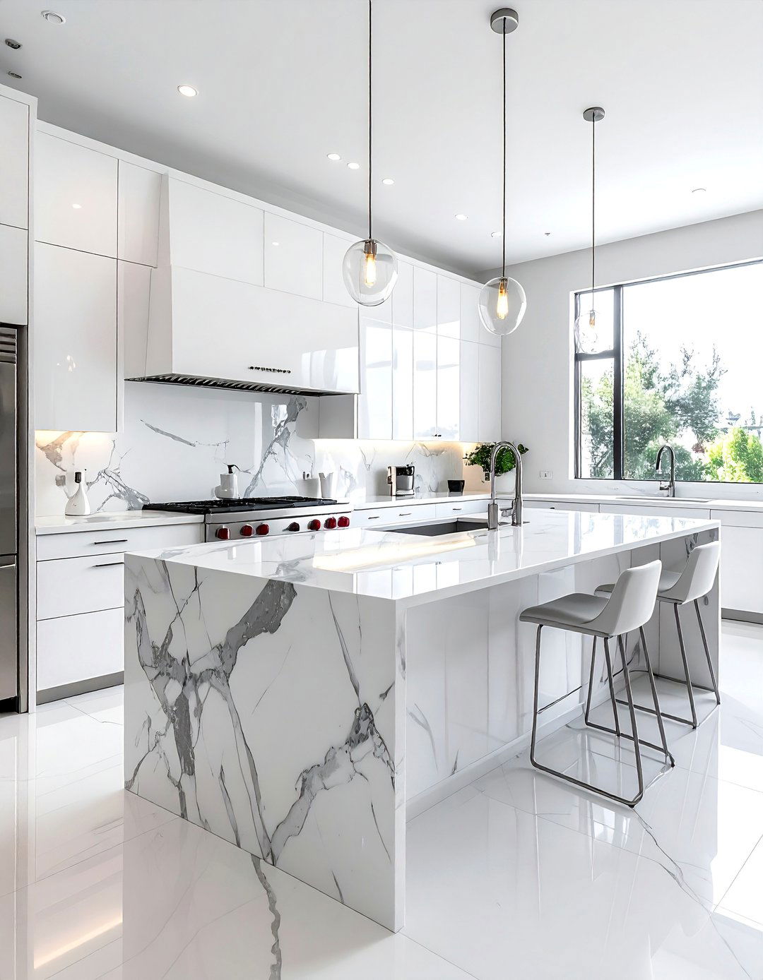 White Kitchen with Marble Countertops and Stainless Steel Appliances - 25 White Kitchen with Stainless Steel Appliances Ideas