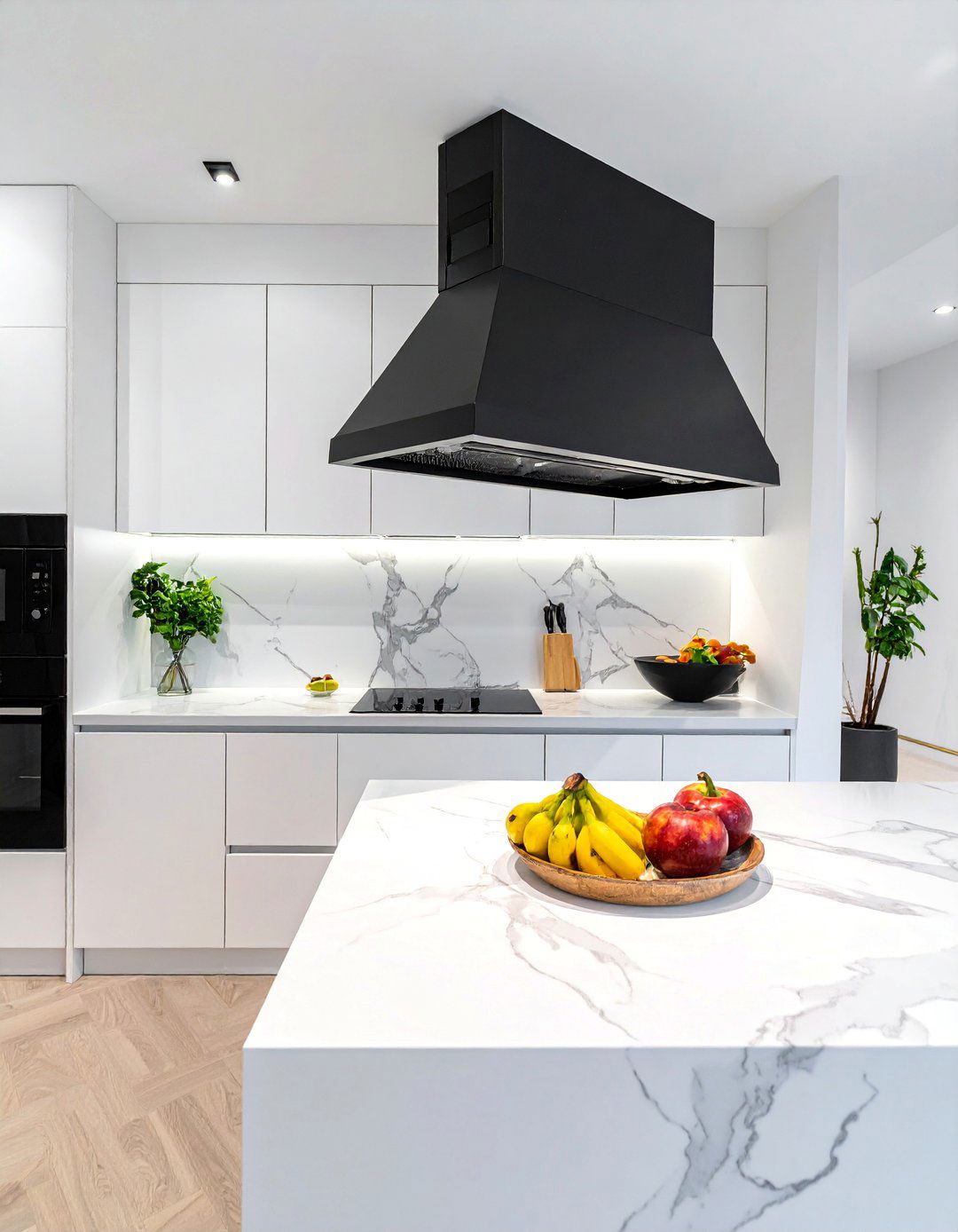 White Kitchen with a Black Range Hood - 25 White Kitchen with Black Appliances Ideas