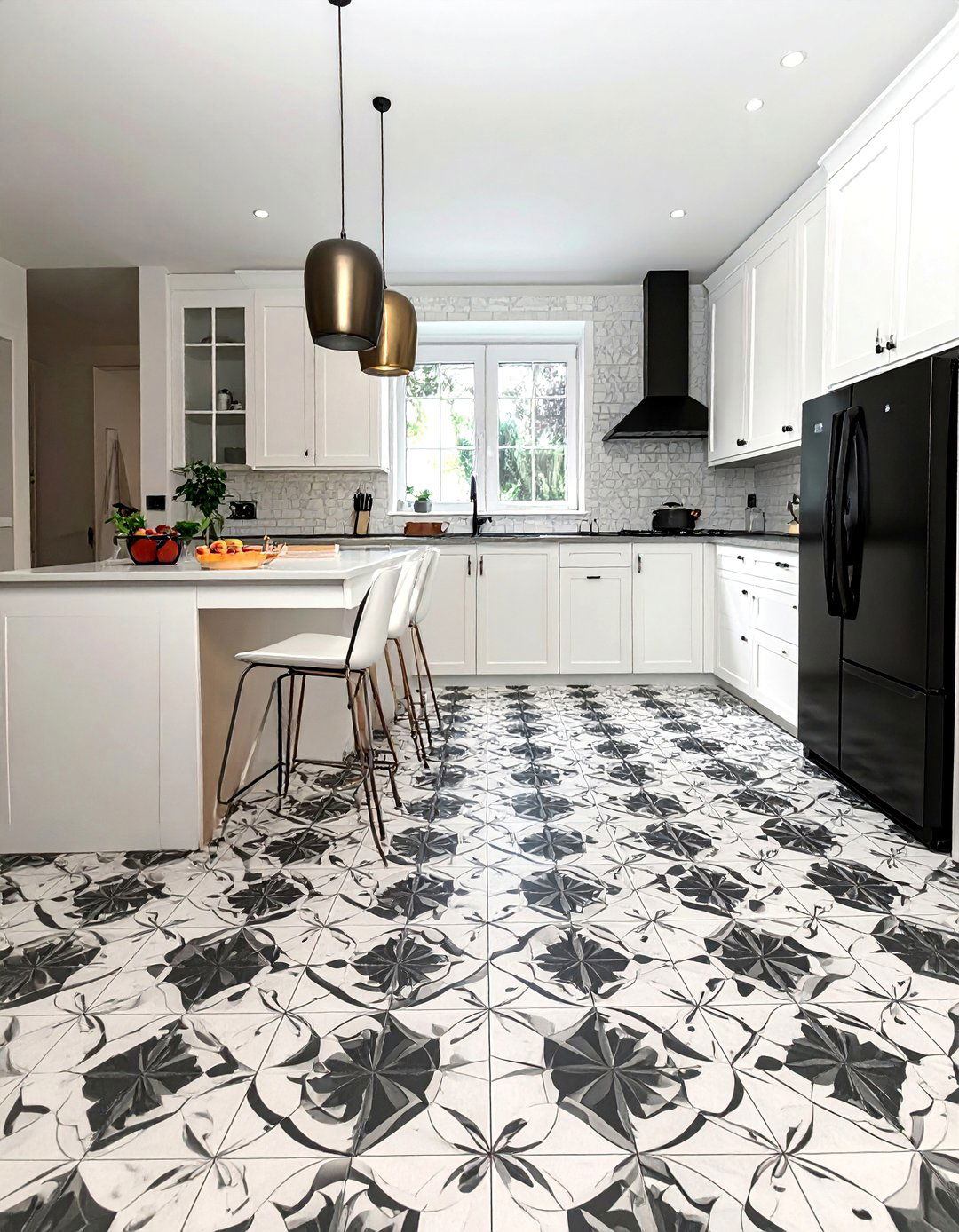 White Kitchen with a Black and White Patterned Floor - 25 White Kitchen with Black Appliances Ideas