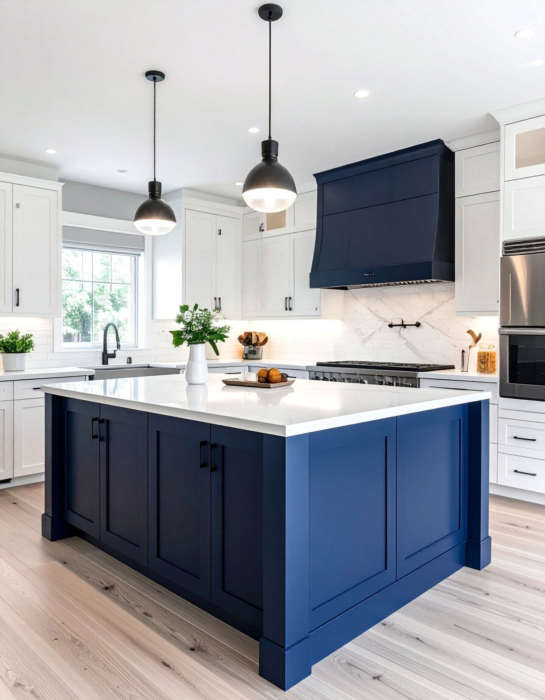 White Kitchen with a Colorful Island and Stainless Steel Appliances - 25 White Kitchen with Stainless Steel Appliances Ideas