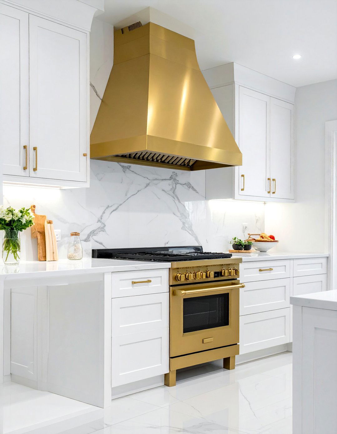 White Kitchen with a Gold Accented Vent Hood - 25 Black White and Gold Kitchen Ideas for Elegance