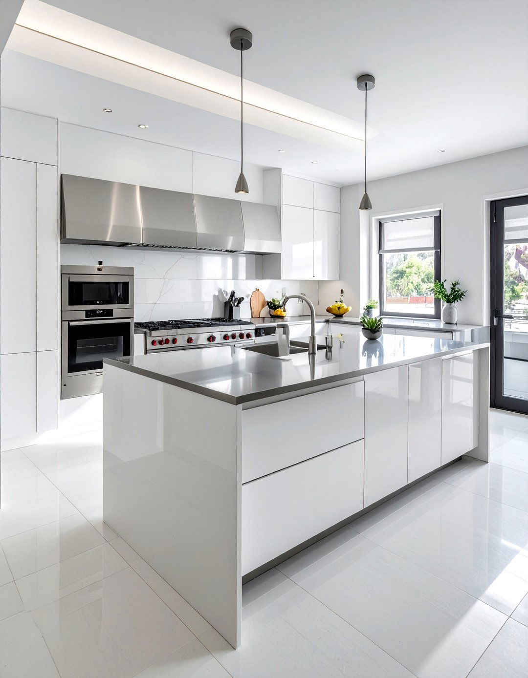 White Kitchen with a Large Stainless Steel Island - 25 White Kitchen with Stainless Steel Appliances Ideas
