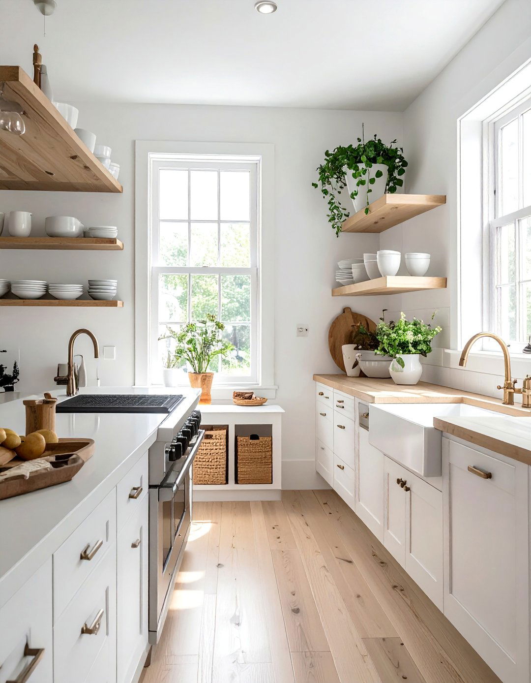 White Kitchen with a Stainless Steel Apron Sink and Open Shelving - 25 White Kitchen with Stainless Steel Appliances Ideas