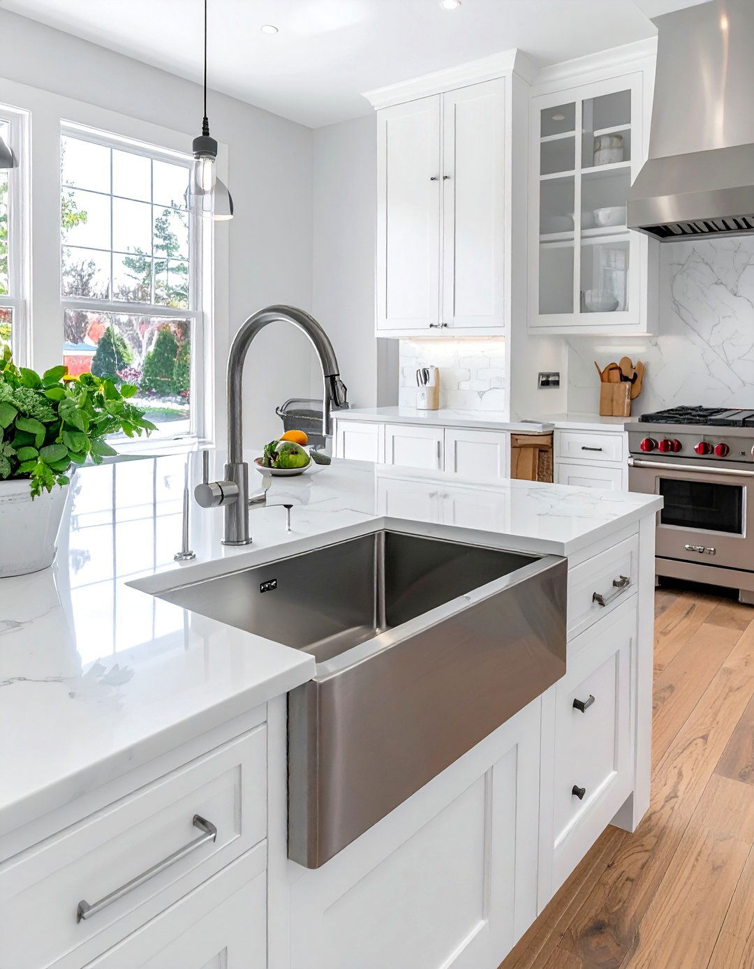 White Kitchen with a Stainless Steel Farmhouse Sink - 25 White Kitchen with Stainless Steel Appliances Ideas