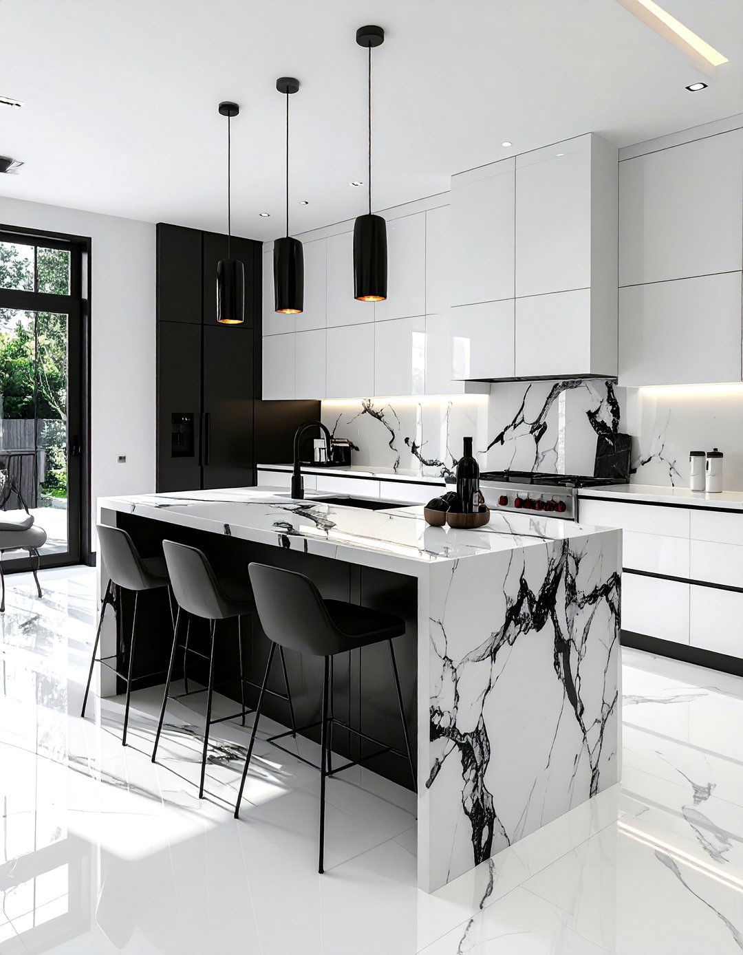 White Kitchen with a Statement Black and White Marble Island - 25 White Kitchen with Black Appliances Ideas