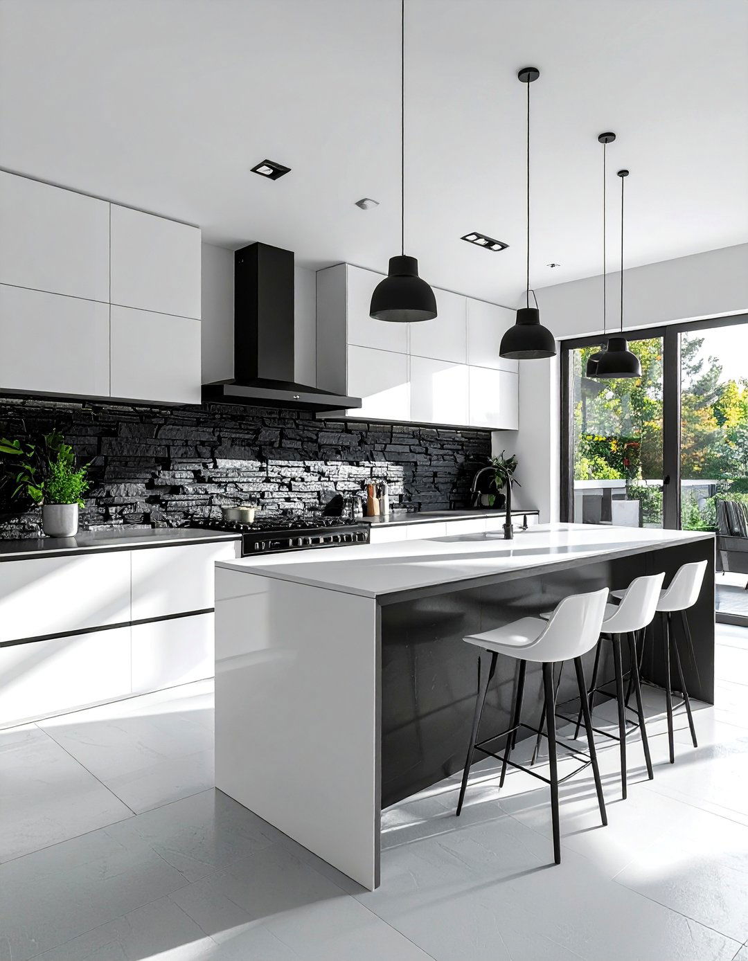 White Kitchen with a Textured Black Backsplash - 25 White Kitchen with Black Appliances Ideas