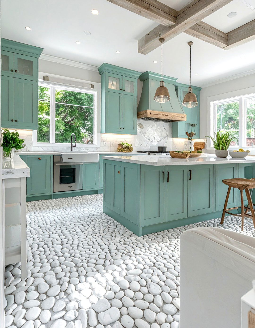 White Pebble Tile Kitchen Floor for Texture - 25 White Kitchen Floor Ideas for a Clean Look