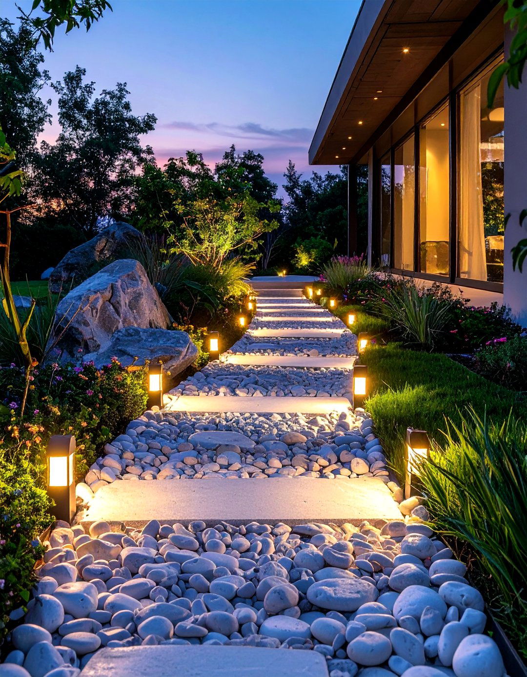 White Rock Illuminating a Walkway with Solar Lights - 25 White Rock Landscaping Ideas for a Serene Yard