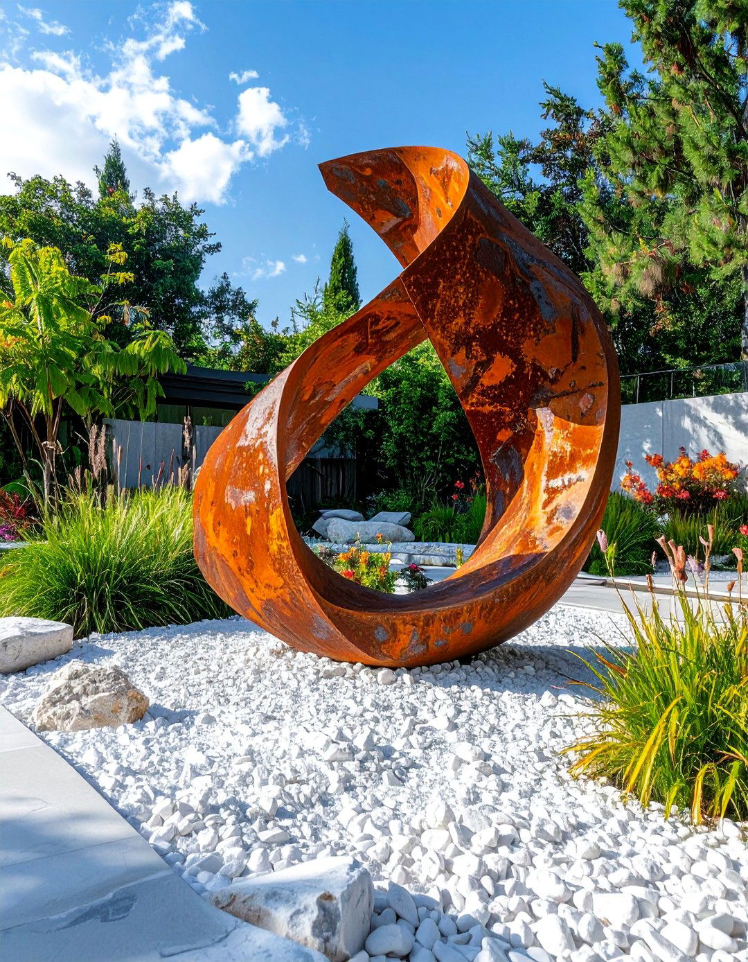White Rock Landscaping with Bold Metal Sculptures - 25 White Rock Landscaping Ideas for a Serene Yard