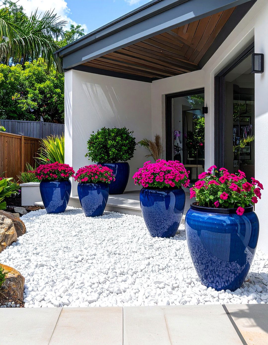 White Rock with Brightly Colored Planters - 25 White Rock Landscaping Ideas for a Serene Yard