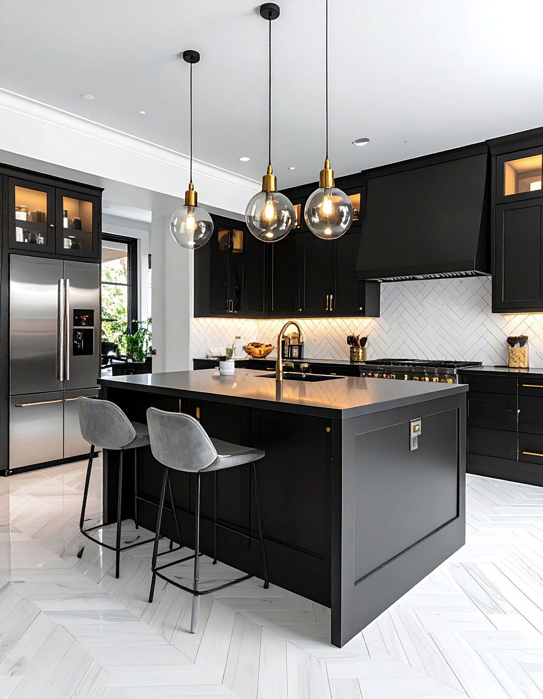 White Subway Tiles in a Herringbone Pattern - 25 Black White and Gold Kitchen Ideas for Elegance