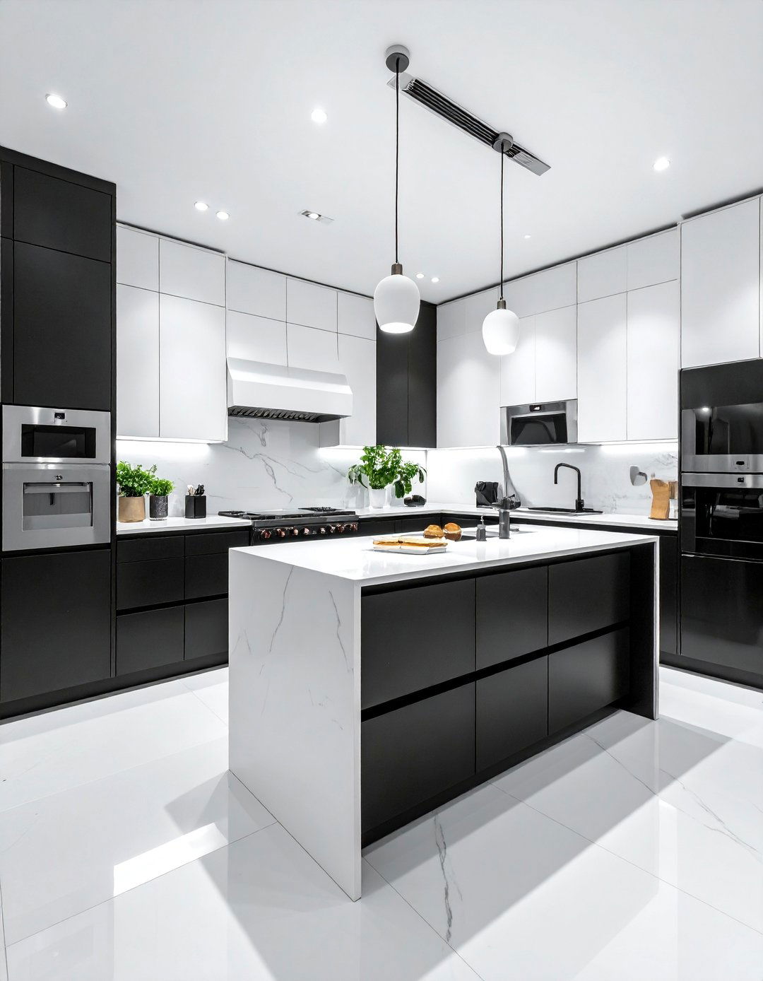 White Upper Cabinets and Dark Lower Cabinets - 25 White Kitchen with Black Appliances Ideas
