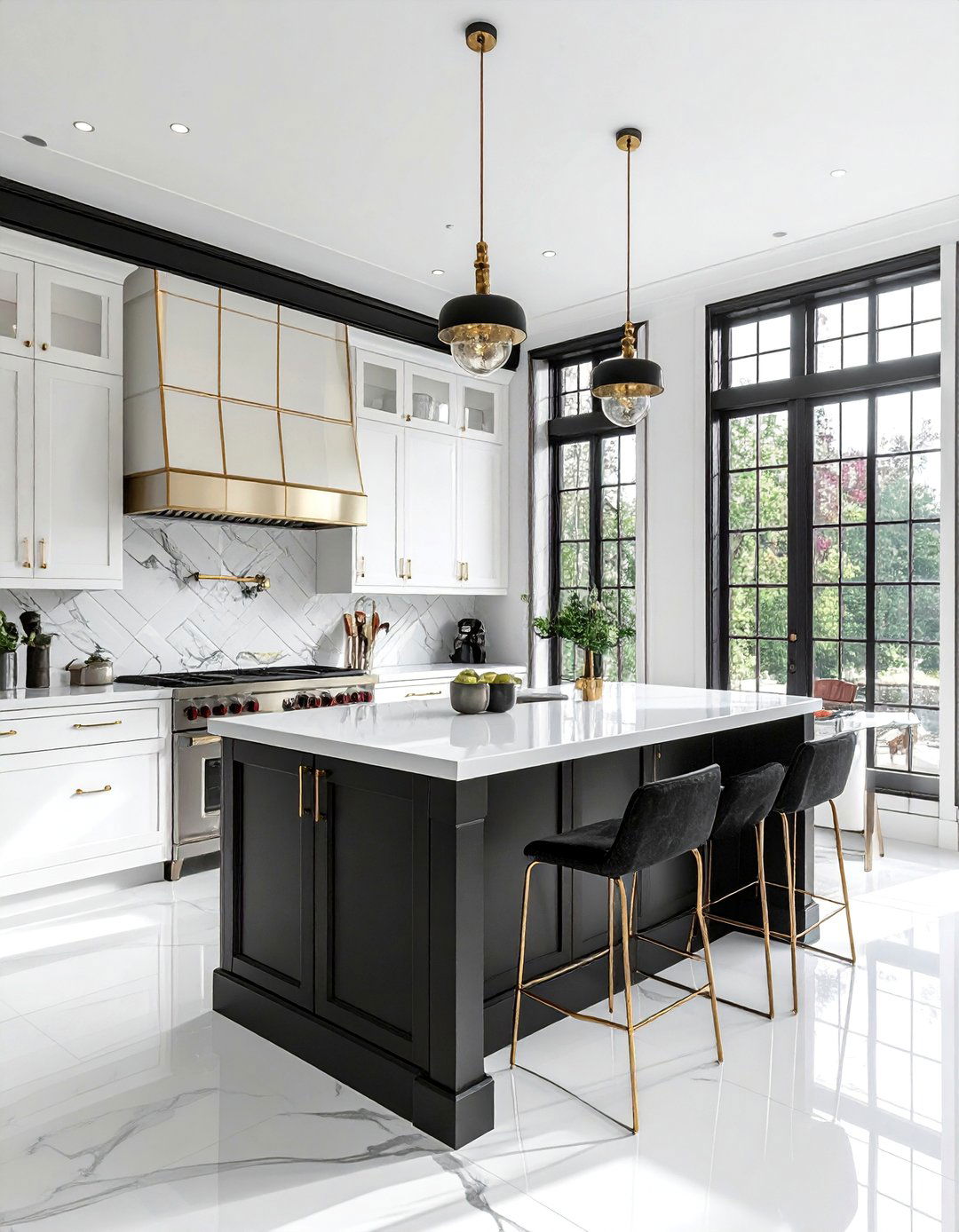 White Walls with Black Trim and Gold Accents - 25 Black White and Gold Kitchen Ideas for Elegance