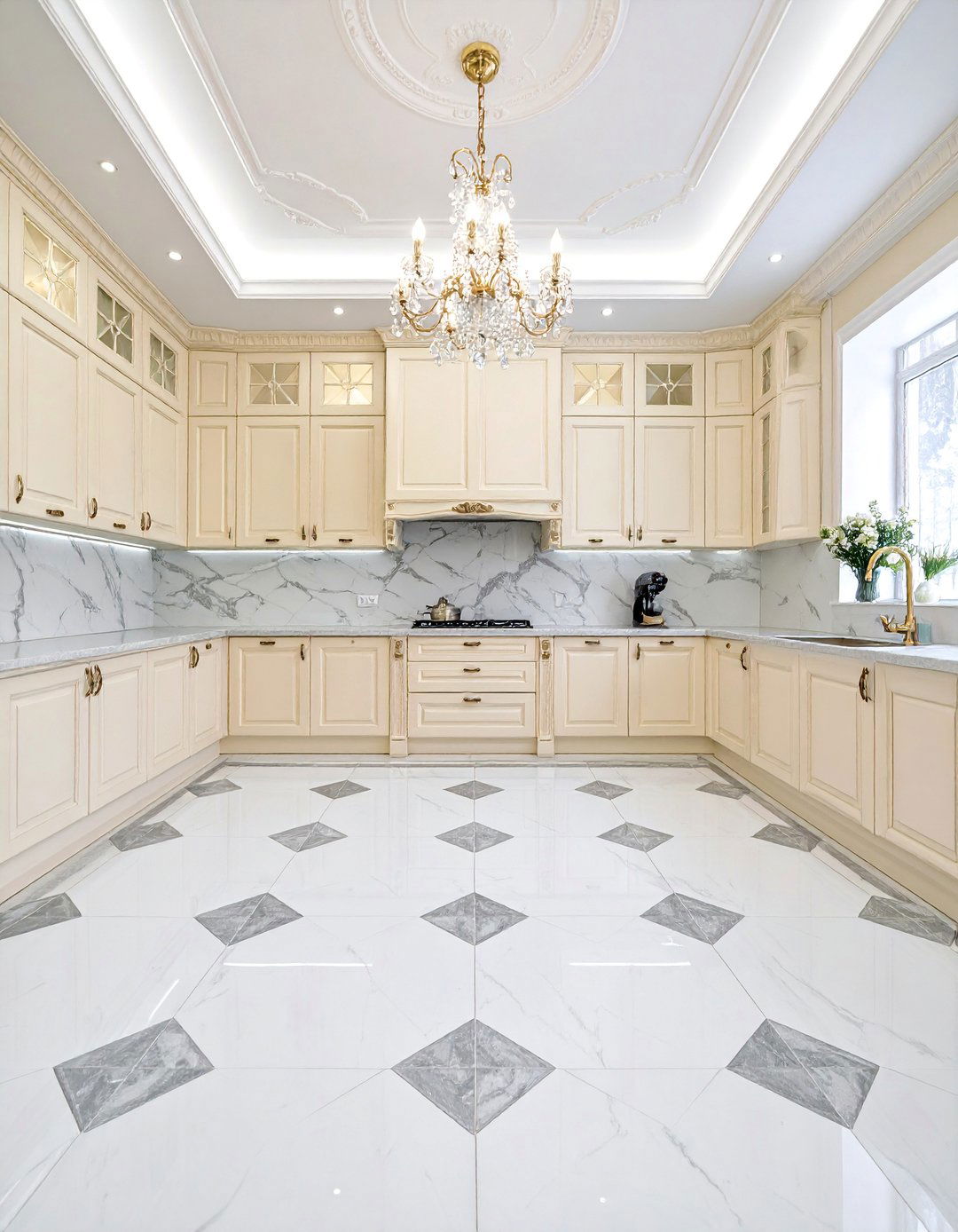 White and Gray Marble Diamond Pattern Kitchen Floor