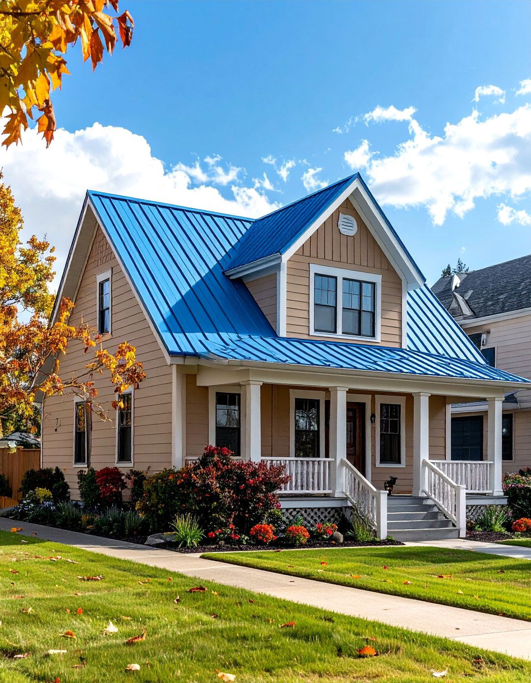 Beige House with a Soft Blue Metal Roof - 25 Houses With Blue Metal Roofs for Modern & Timeless