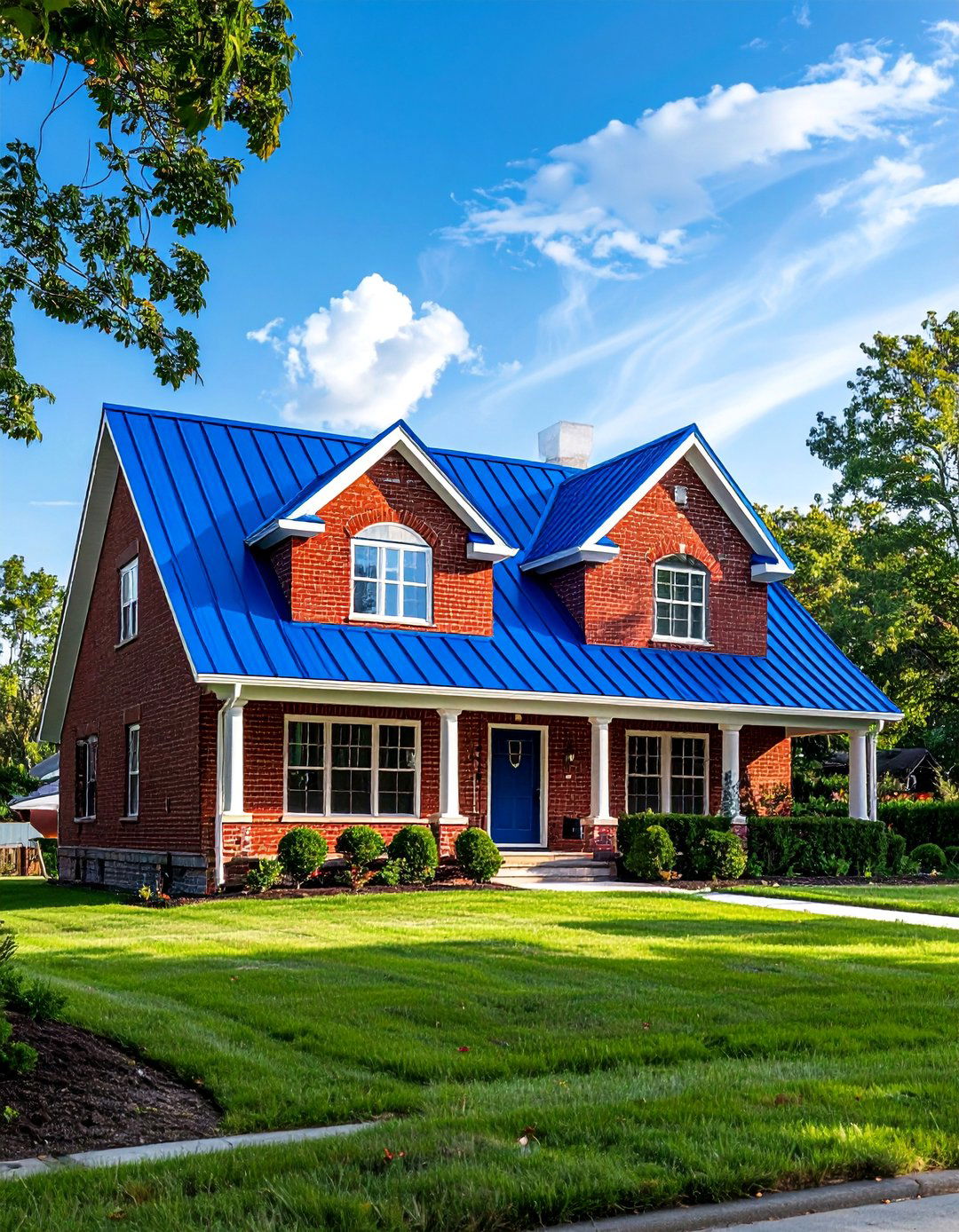 Brick House with a Royal Blue Metal Roof - 25 Houses With Blue Metal Roofs for Modern & Timeless