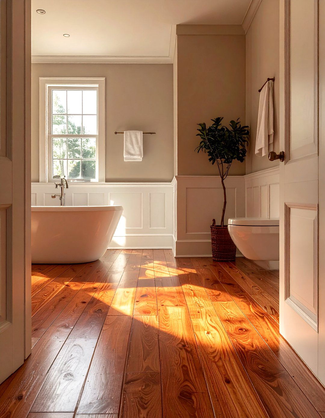 Cherry Wood Warm Bathroom Tones - 25 Ideas for Wood Floors in Bathrooms -Style & Durability