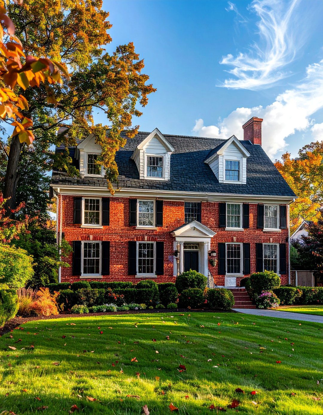 Classic Brick House With Black Shingle Roofs - 25 Houses With Black Roofs for Sleek & Sophisticated Designs