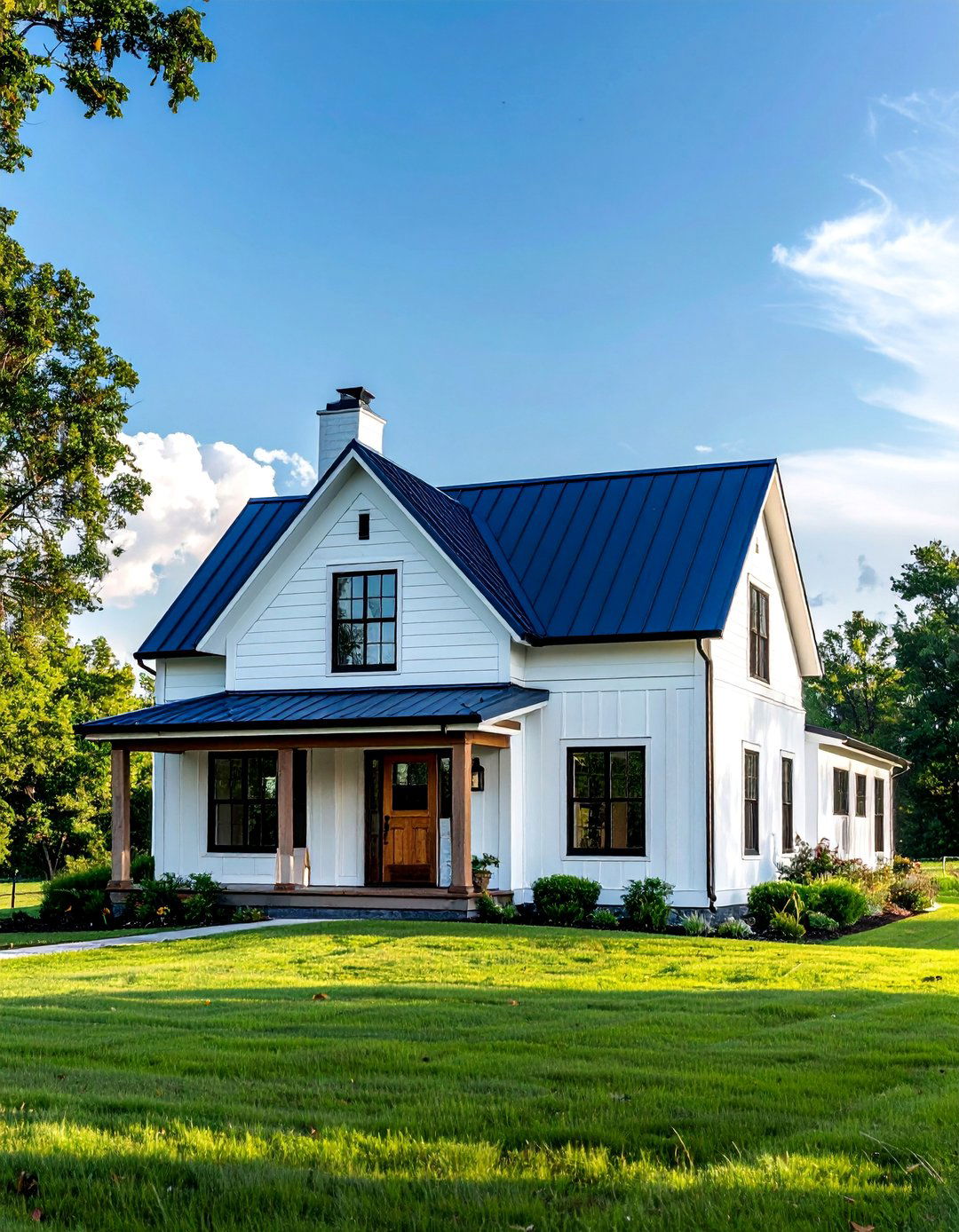 Classic White Farmhouse with a Navy Blue Metal Roof - 25 Houses With Blue Metal Roofs for Modern & Timeless