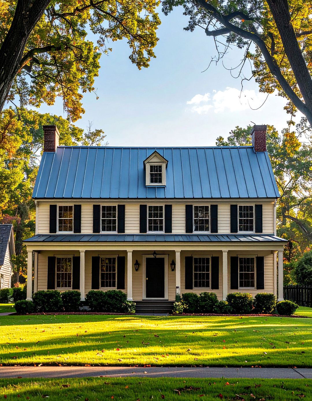 Colonial Style House with a Slate Blue Metal Roof - 25 Houses With Blue Metal Roofs for Modern & Timeless