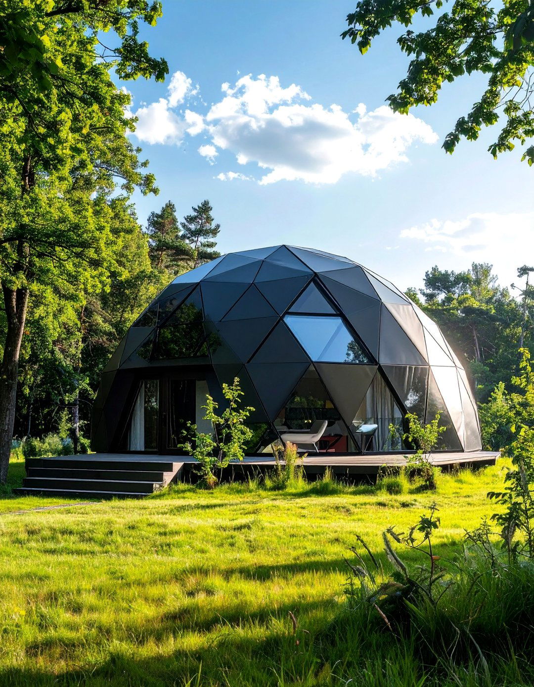 Geodesic Dome House With Black Triangular Roof Panels - 25 Houses With Black Roofs for Sleek & Sophisticated Designs
