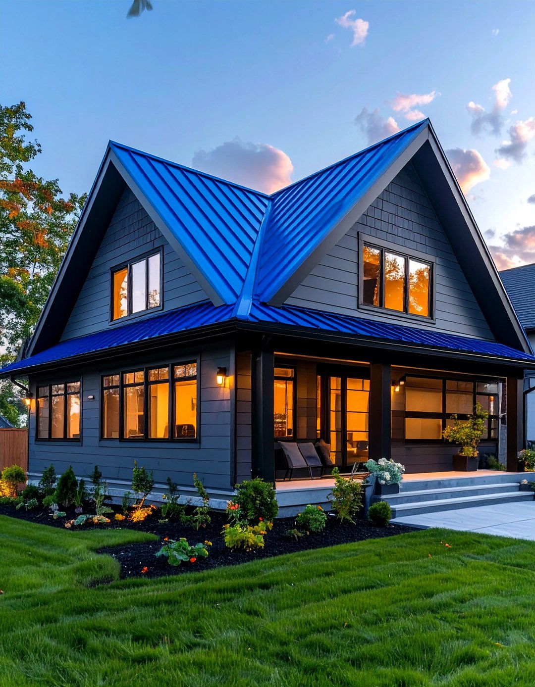 Gray Siding with a Vibrant Blue Metal Roof - 25 Houses With Blue Metal Roofs for Modern & Timeless