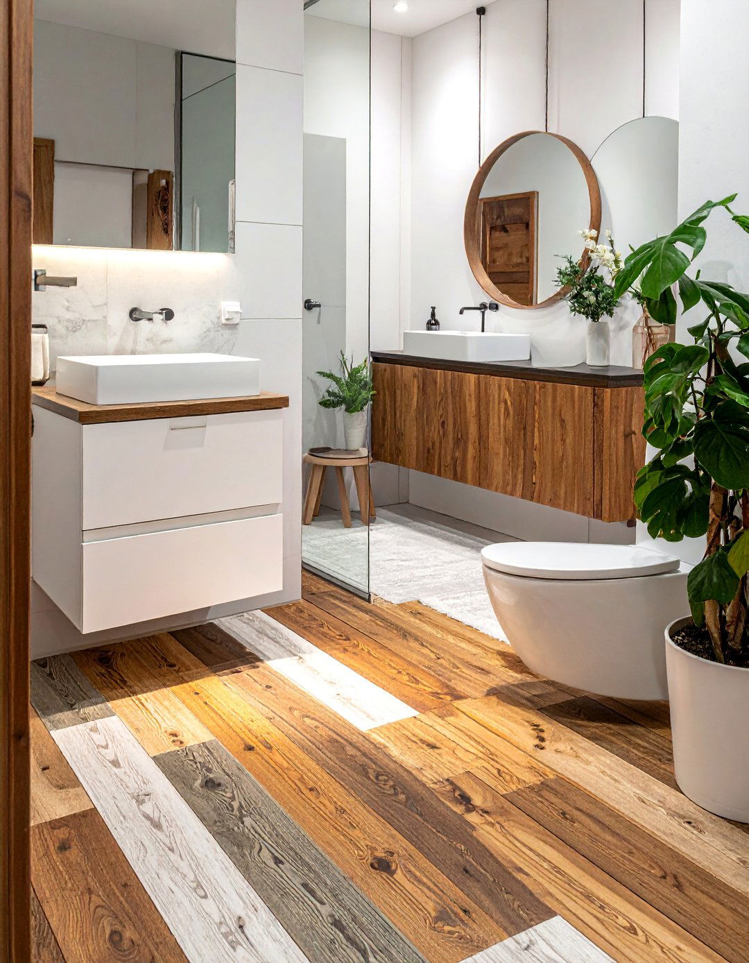 Mixed Wood Species Design - 25 Ideas for Wood Floors in Bathrooms -Style & Durability