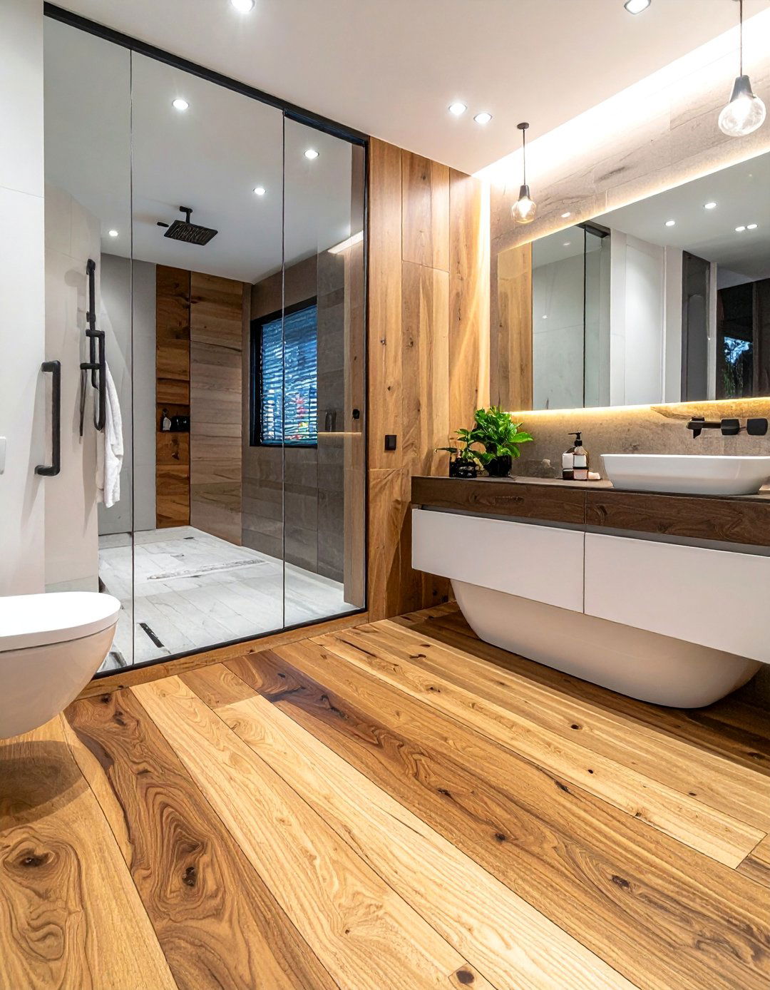 Natural Wood Grain Showcase - 25 Ideas for Wood Floors in Bathrooms -Style & Durability