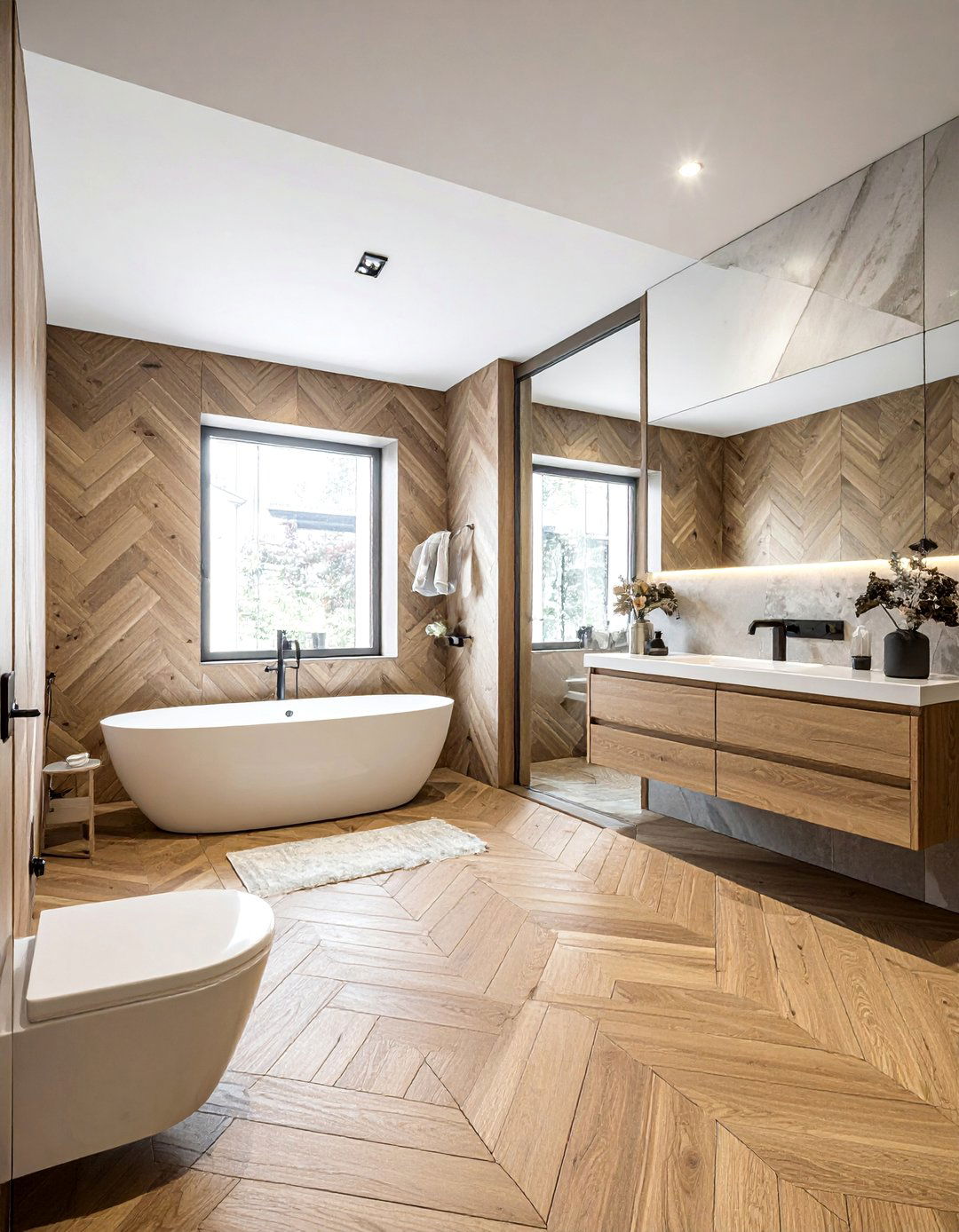 Parquet Geometric Patterns - 25 Ideas for Wood Floors in Bathrooms -Style & Durability