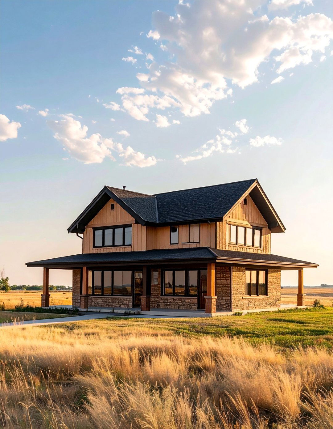 Prairie Style House With a Hipped Black Roof - 25 Houses With Black Roofs for Sleek & Sophisticated Designs