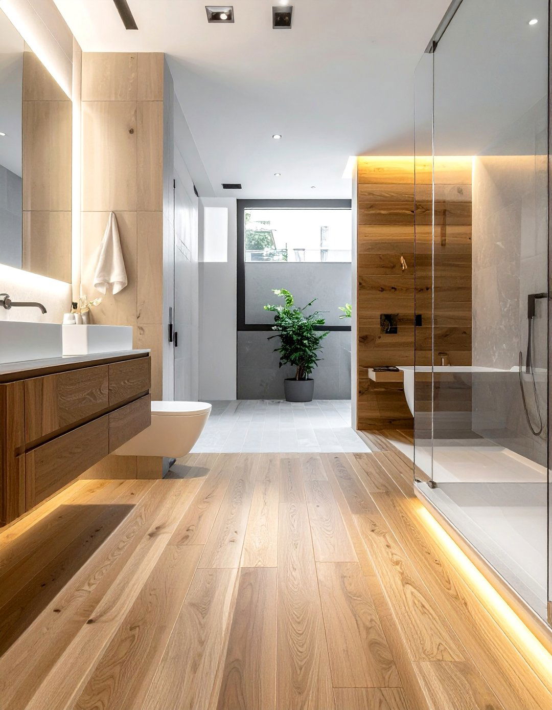 Smooth Contemporary Finishes - 25 Ideas for Wood Floors in Bathrooms -Style & Durability
