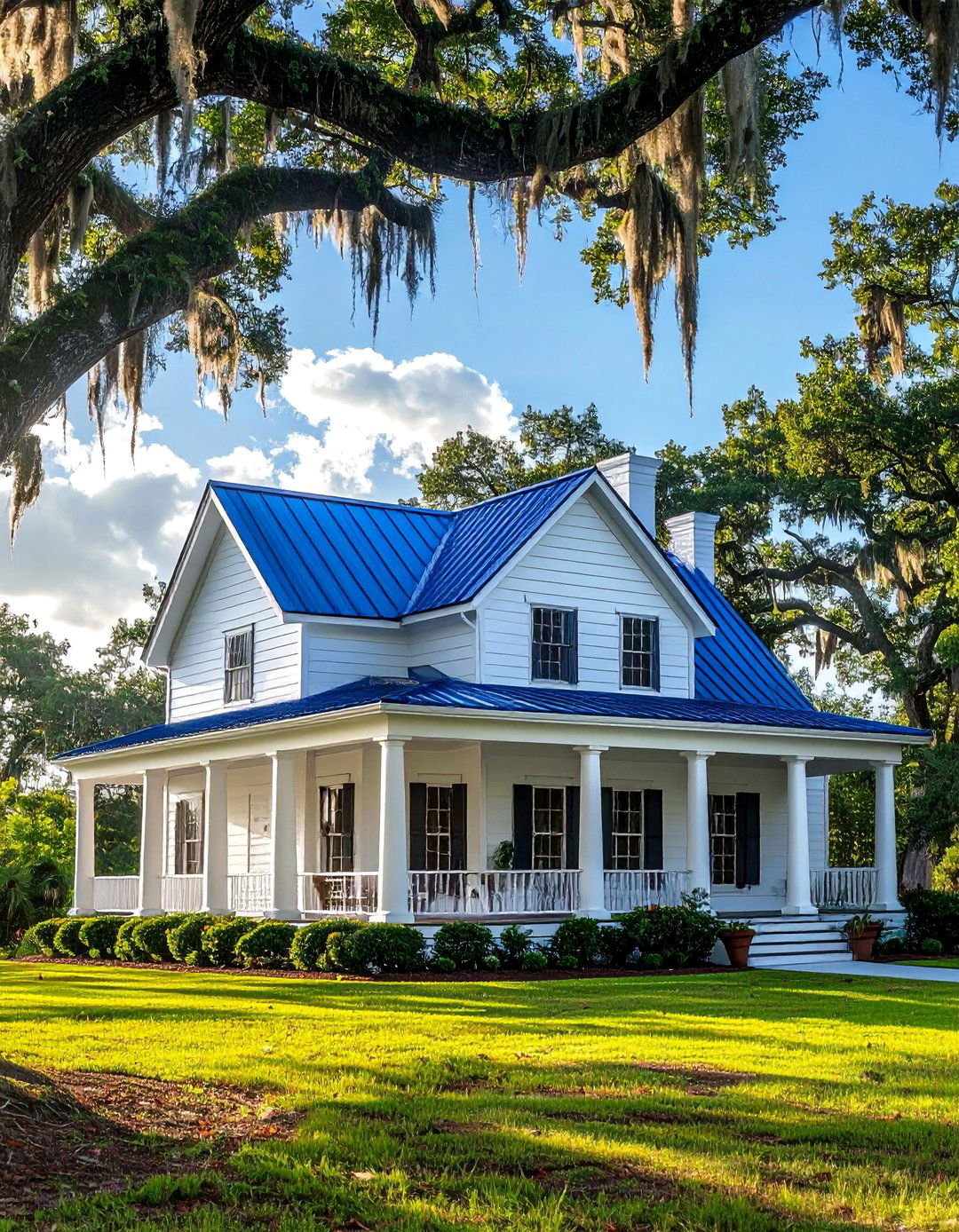 Southern Style Home with a Wraparound Porch and Blue Metal Roof - 25 Houses With Blue Metal Roofs for Modern & Timeless