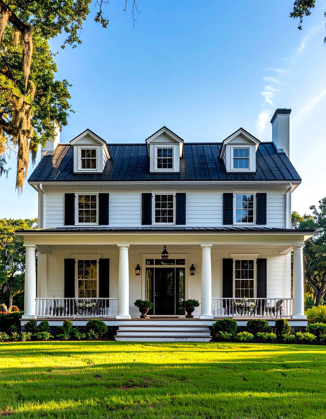 Southern Traditional House With a Black Roof and Large Porch - 25 Houses With Black Roofs for Sleek & Sophisticated Designs