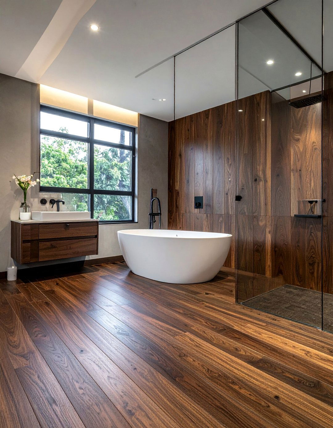 Stained Dark Wood Drama - 25 Ideas for Wood Floors in Bathrooms -Style & Durability