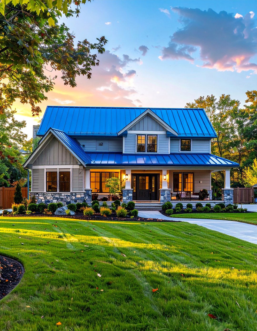 Two Story Home with a Bright Blue Metal Roof and Stone Accents - 25 Houses With Blue Metal Roofs for Modern & Timeless