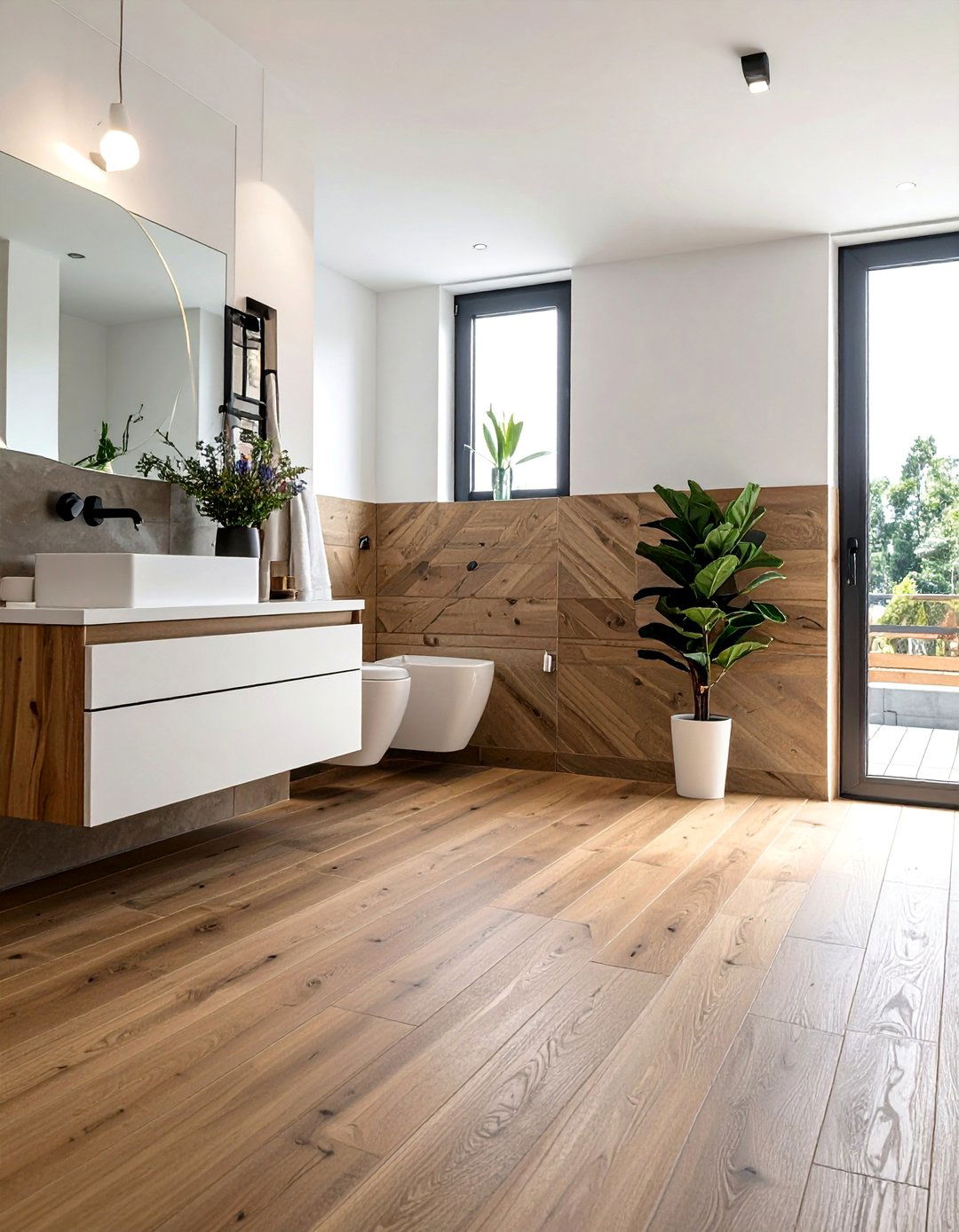 Wide Plank Modern Installations - 25 Ideas for Wood Floors in Bathrooms -Style & Durability