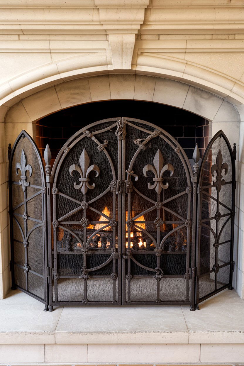 Arched Top Screen with Medieval Detailing - 30 fireplace screen ideas
